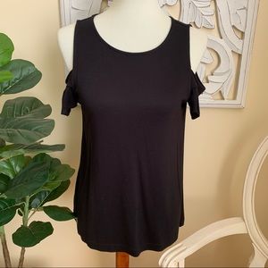 Ann Taylor LOFT Black Cold Shoulder Flutter Sleeve Top
